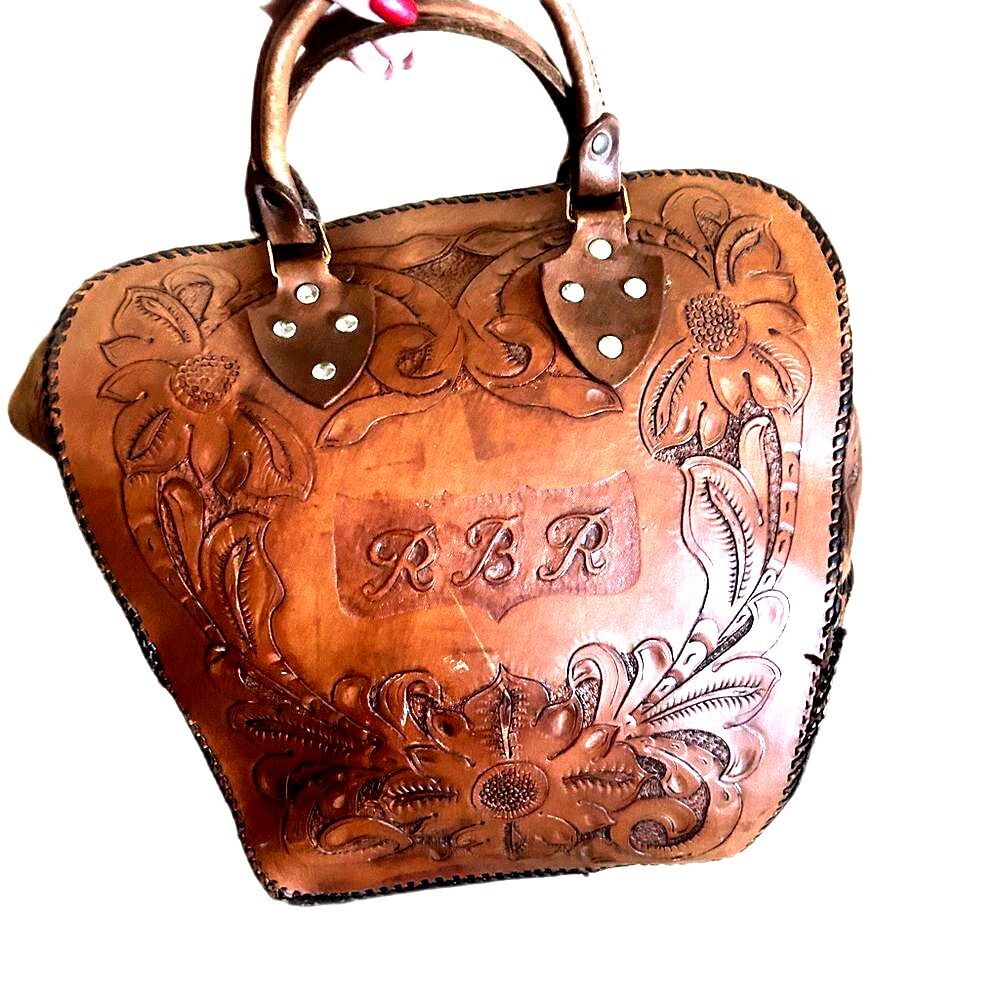 Vintage Etched Brown Tan Leather Embossed Handbag Bowling Bag Tote Bag Western